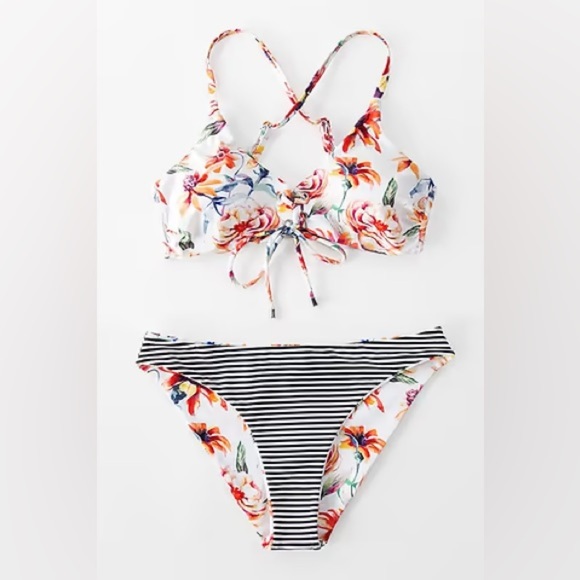 Cupshe Floral and Striped Bikini Set - Multicolor - Picture 2 of 3